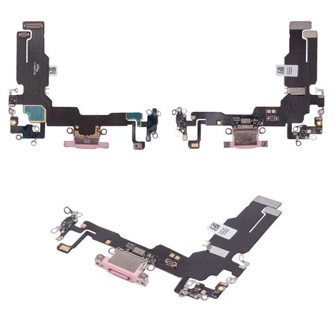 Шлейф для iPhone 15, конектора зарядки, рожевий, з мікрофоном, High Copy