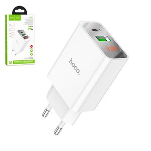 Сетевое зарядное устройство Hoco C100A, 20 Вт, Quick Charge, Power Delivery PD , белый, с дисплеем, 2 порта, #6931474769800