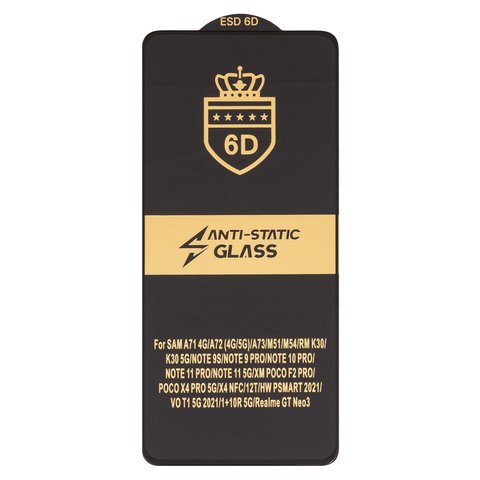 Защитное стекло ESD 6D для Huawei P Smart 2021 ; Xiaomi 12T, Redmi Note 9 Pro, совместимо с чехлом, Full Glue, Anti Static, без упаковки , черный