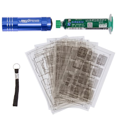 Soldering Mask Mechanic S1512, green, 10 ml, with UV flash light, with stencil A6, A7, A8, A9, A10 , UV 