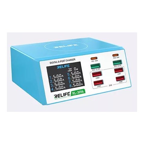 Mains Charger RELIFE RL 309A, 100 W, Power Delivery PD , with LCD, 8 ports 