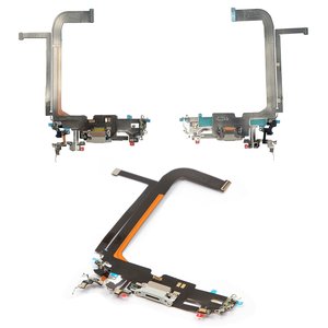 Шлейф для iPhone 13 Pro Max, конектора зарядки, сірий, з мікрофоном, з компонентами, High Copy, silver
