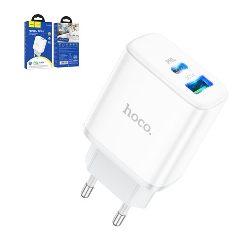 Мережевий зарядний пристрій Hoco C105A, 20 Вт, Power Delivery PD , білий, 2 порта, #6931474782946