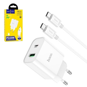 Сетевое зарядное устройство Hoco C80A Plus, 20 Вт, Power Delivery PD , белый, c кабелем USB тип C к USB тип C, 2 порта, #6931474779908