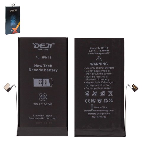 Аккумулятор Deji для Apple iPhone 13, Li ion, 3,84 B, 3510 мАч, повышенная ёмкость, без ошибки, decode battery