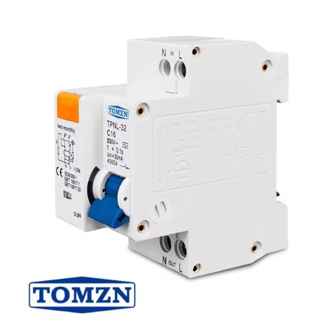 Автоматичний вимикач змінного струму TOMZN TPNL 32 C16, 1P+N, 220 В, 16A, з диференційним захистом